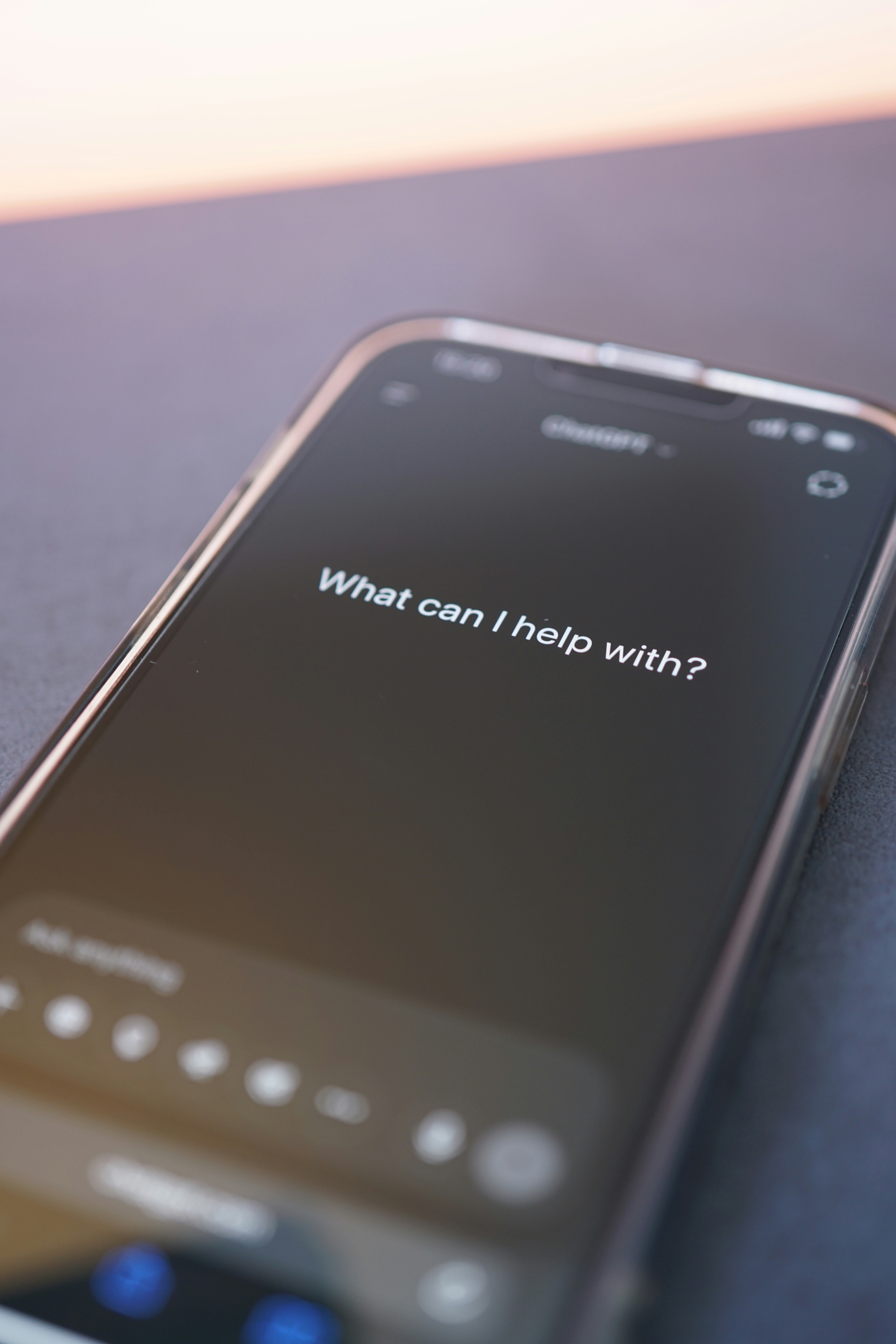 An AI assistant's 'What can I help with?' prompt on a phone at dusk — the tools everyone is buying.